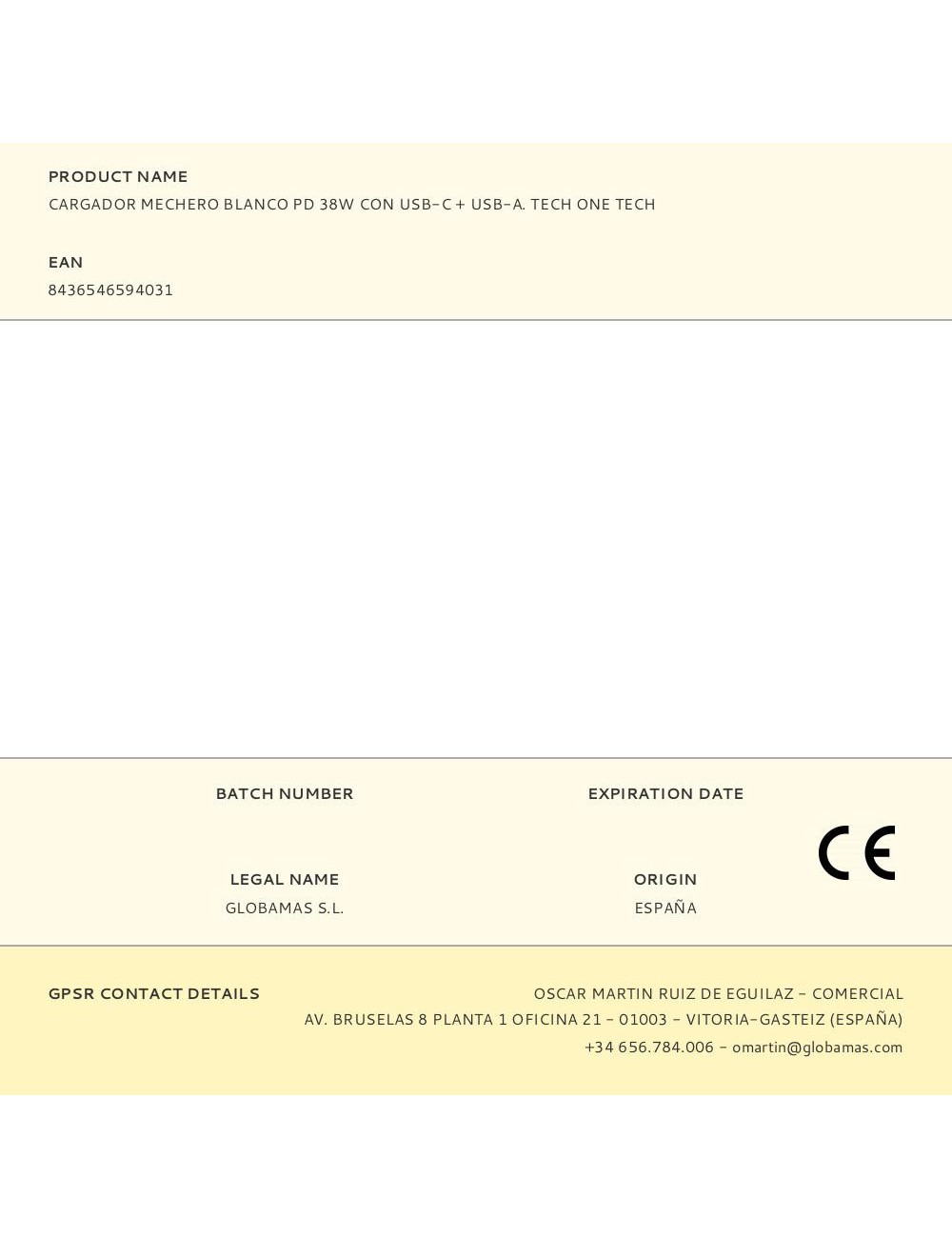 Cargador mechero blanco pd 38w con usb-c + usb-a. tech one tech