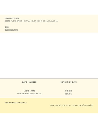 Cesto para ropa 35 l rattan color crema 59,5 x 39,5 x 25 cm