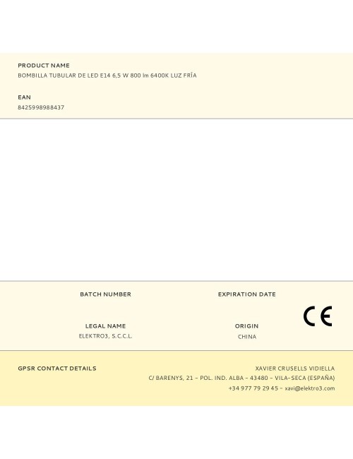 Bombilla tubular de led e14 6,5 w 800 lm 6400k luz fría