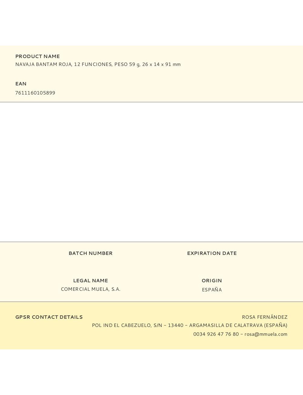 Navaja bantam roja, 12 funciones, peso 59 g, 26 x 14 x 91 mm