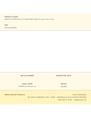 Navaja camper roja, 13 funciones, peso 74 g, 26 x 18 x 91 mm