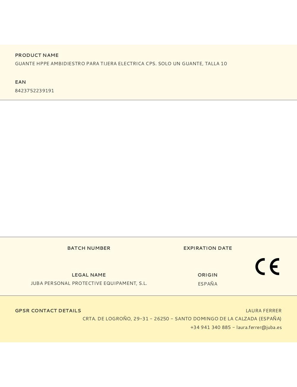 Guante hppe ambidiestro para tijera electrica cps, solo un guante, t-10