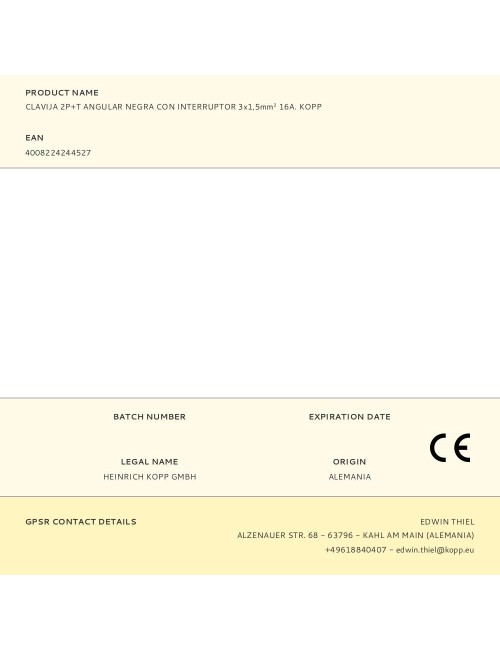 Clavija 2p+t angular negra con interruptor 3x1,5mm 16a. kopp