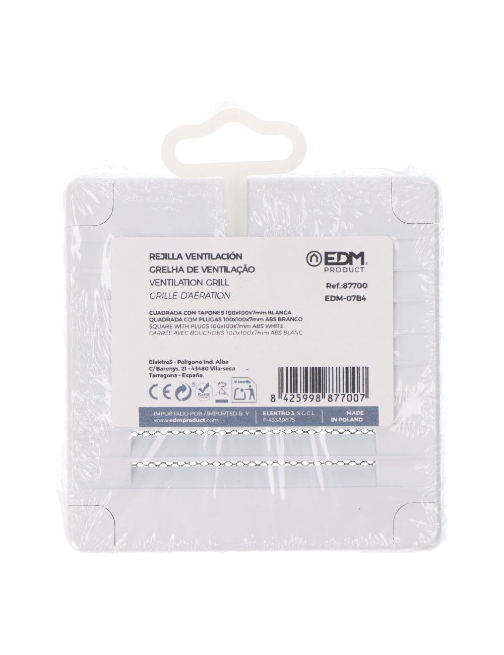 Rejilla ventilación cuadrada con tapones y mosquitera 100x100x7mm abs blanca
