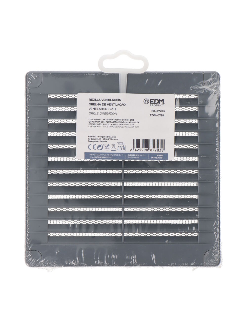 Rejilla ventilación cuadrada con tapones y mosquitera 150x150x7mm abs gris