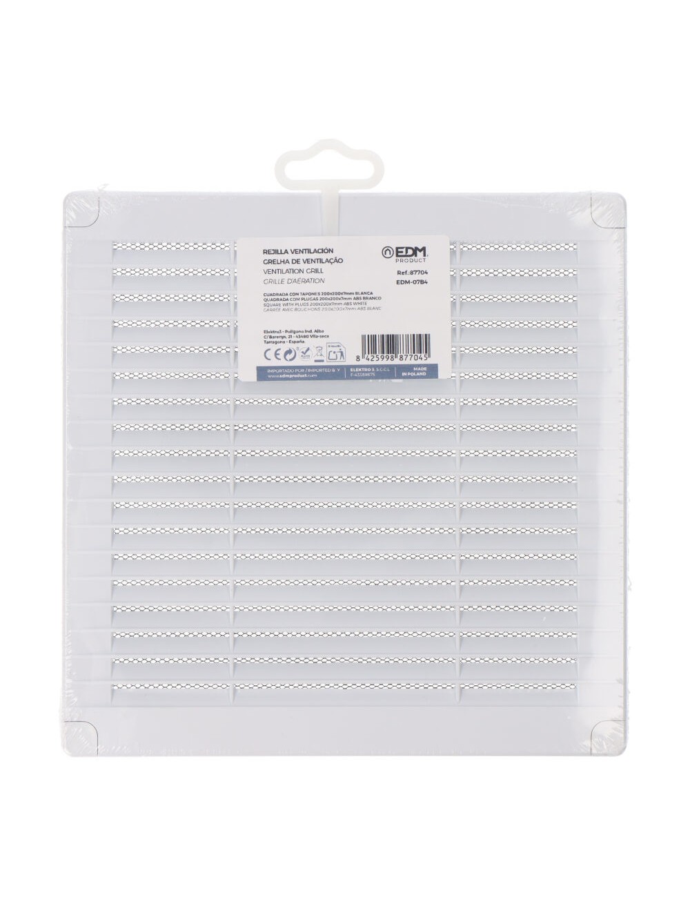 Rejilla ventilación cuadrada con tapones y mosquitera 200x200x7mm abs blanca