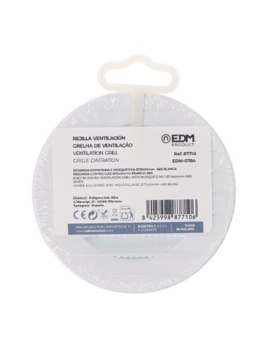 Rejilla ventilación redonda empotrable con mosquitera ø70mm abs blanca