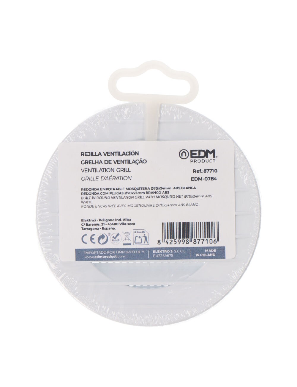 Rejilla ventilación redonda empotrable con mosquitera ø70mm abs blanca