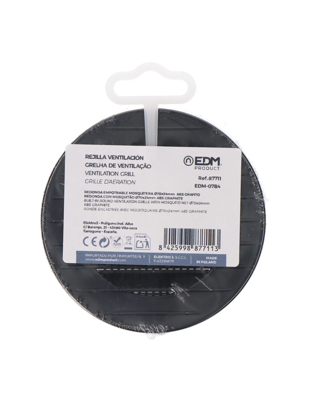 Rejilla ventilación redonda empotrable con mosquitera ø70mm abs gris antracita