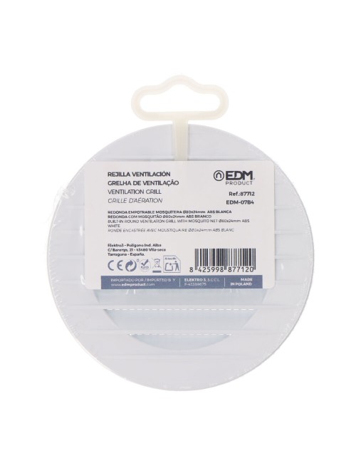Rejilla ventilación redonda empotrable con mosquitera ø80mm abs blanca