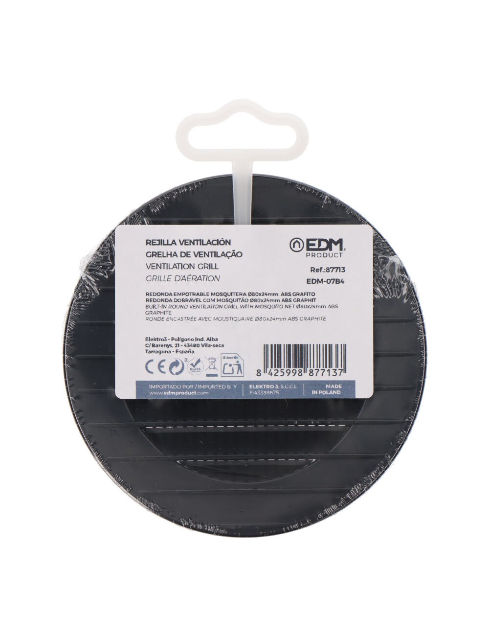 Rejilla ventilación redonda empotrable con mosquitera ø80mm abs gris antracita