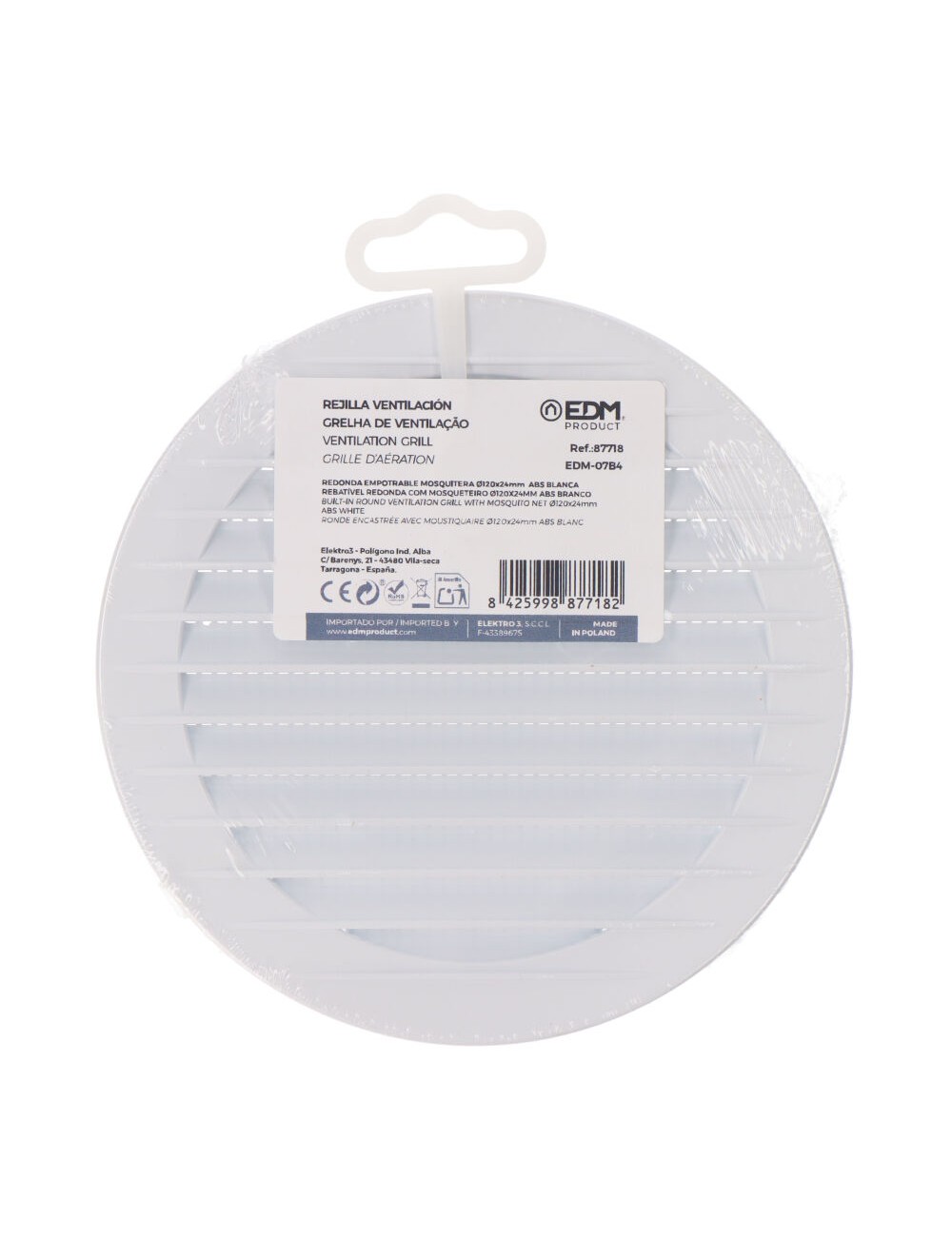 Rejilla ventilación redonda empotrable con mosquitera ø120mm abs blanca