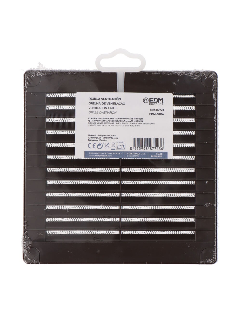 Rejilla ventilación cuadrada con tapones y mosquitera 150x150x7mm abs marrón