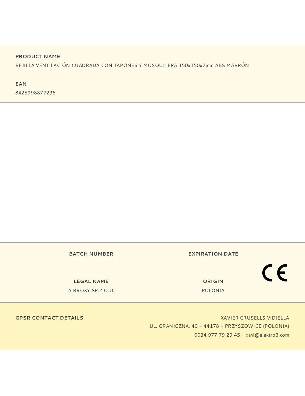 Rejilla ventilación cuadrada con tapones y mosquitera 150x150x7mm abs marrón