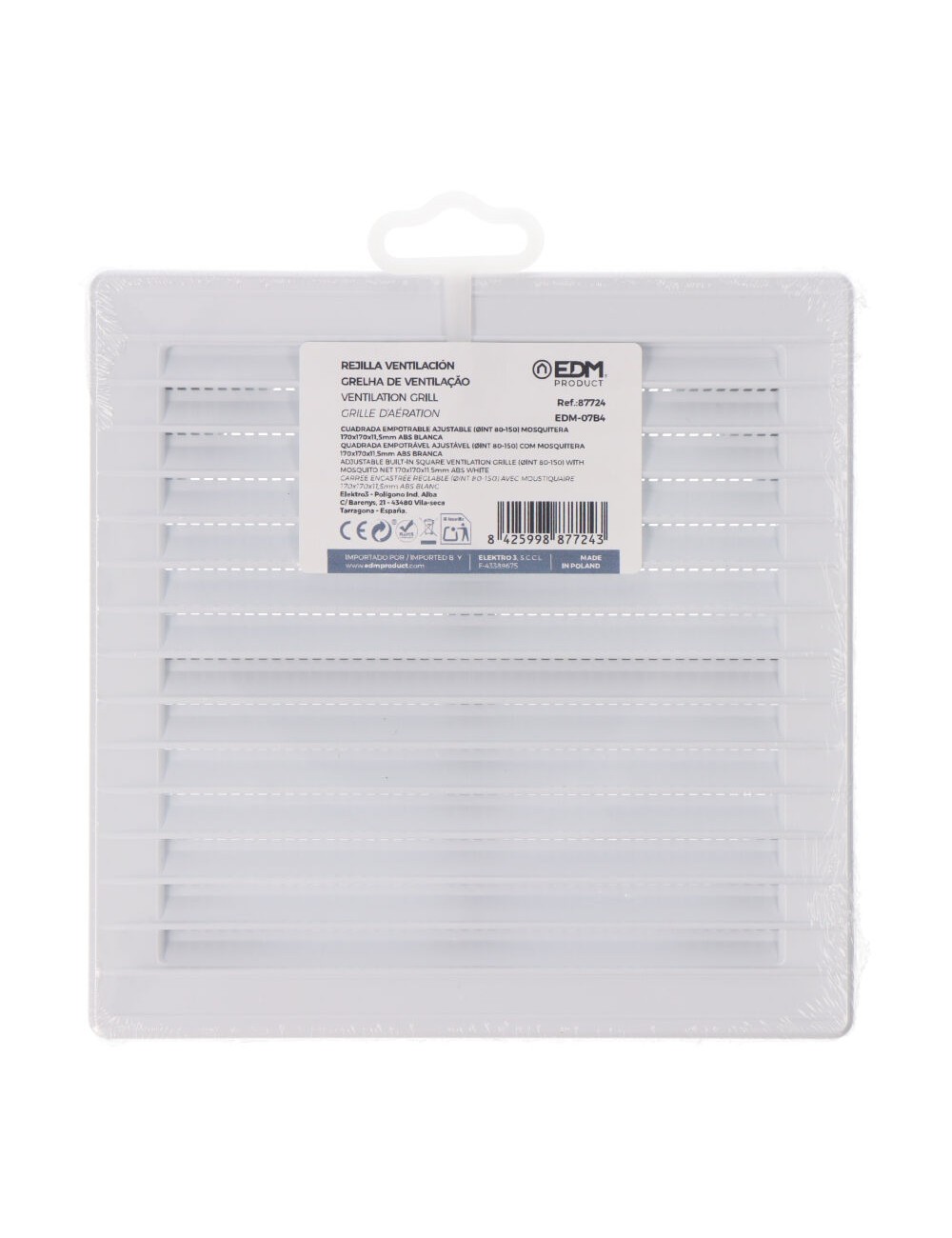 Rejilla ventilación cuadrada empotrable ajustable ø 80-150 con mosquitera 170x170x11,5mm abs blanca