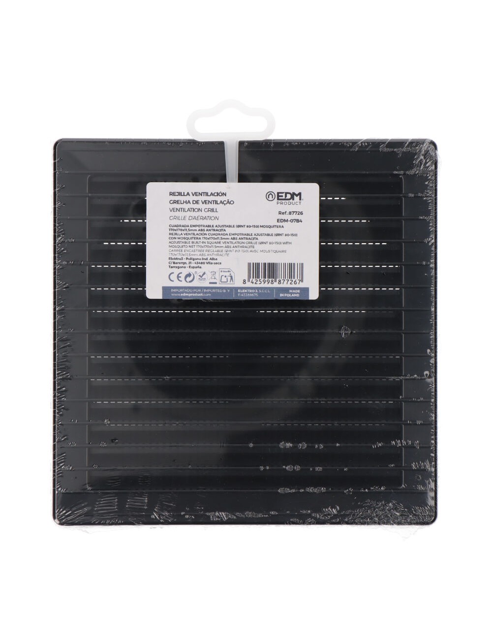 Rejilla ventilación cuadrada empotrable ajustable ø 80-150 con mosquitera 170x170x11,5mm abs gris antracita