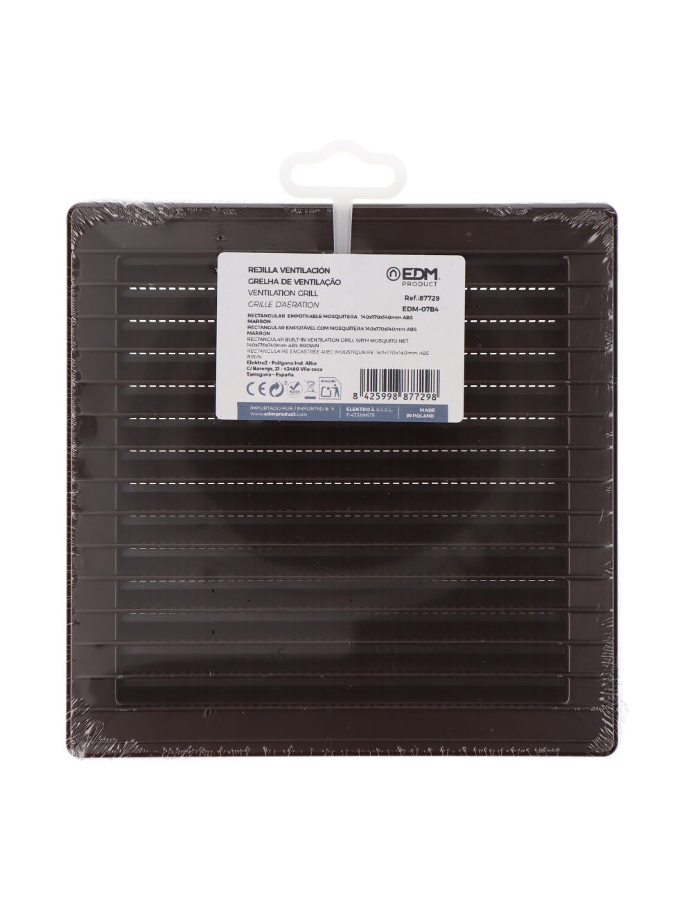 Rejilla ventilación cuadrada empotrable con mosquitera 140 x 140mm abs marrón