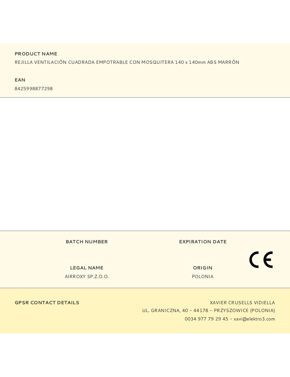 Rejilla ventilación cuadrada empotrable con mosquitera 140 x 140mm abs marrón