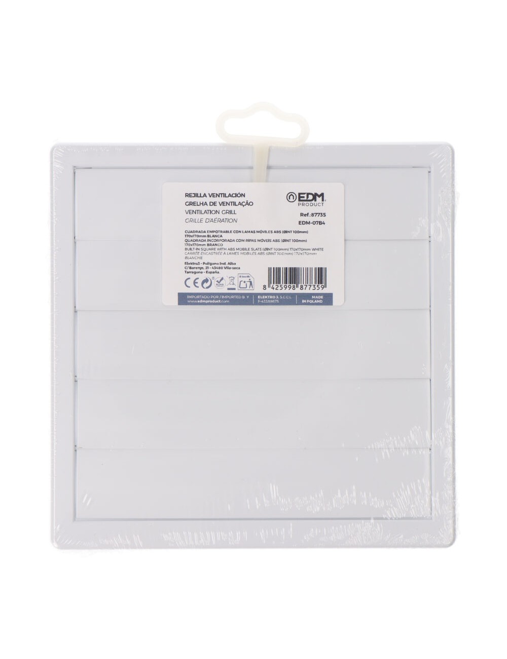 Rejilla ventilación cuadrada empotrable con lamas móviles 170x170mm enclavamiento ø100mm abs blanca