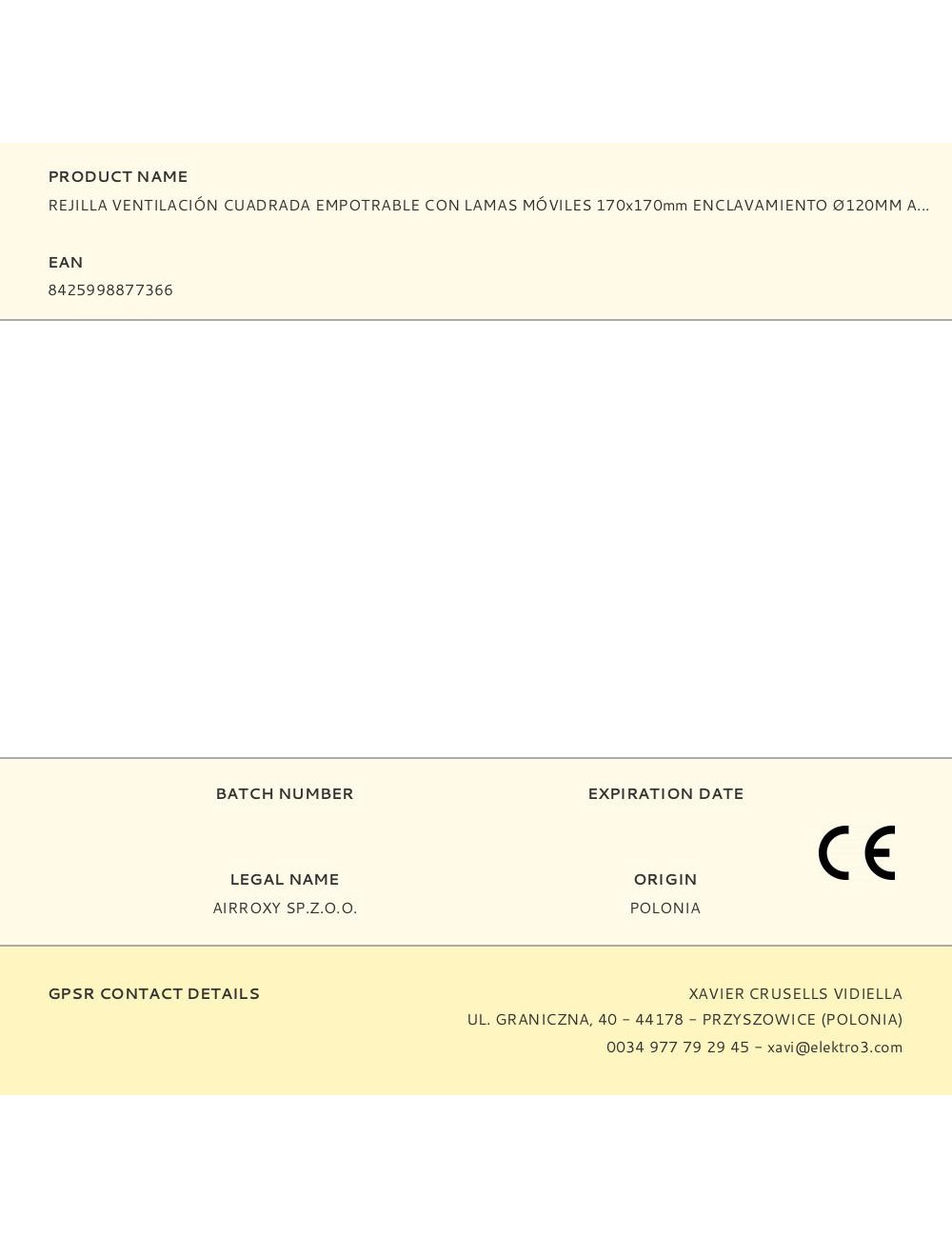 Rejilla ventilación cuadrada empotrable con lamas móviles 170x170mm enclavamiento ø120mm abs blanca