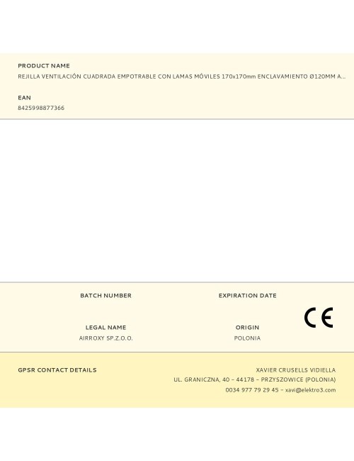 Rejilla ventilación cuadrada empotrable con lamas móviles 170x170mm enclavamiento ø120mm abs blanca