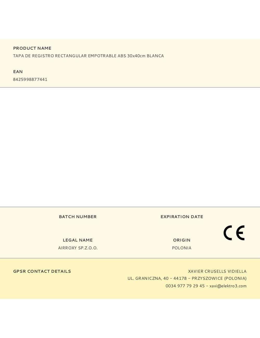 Tapa de registro rectangular empotrable abs 30x40cm blanca