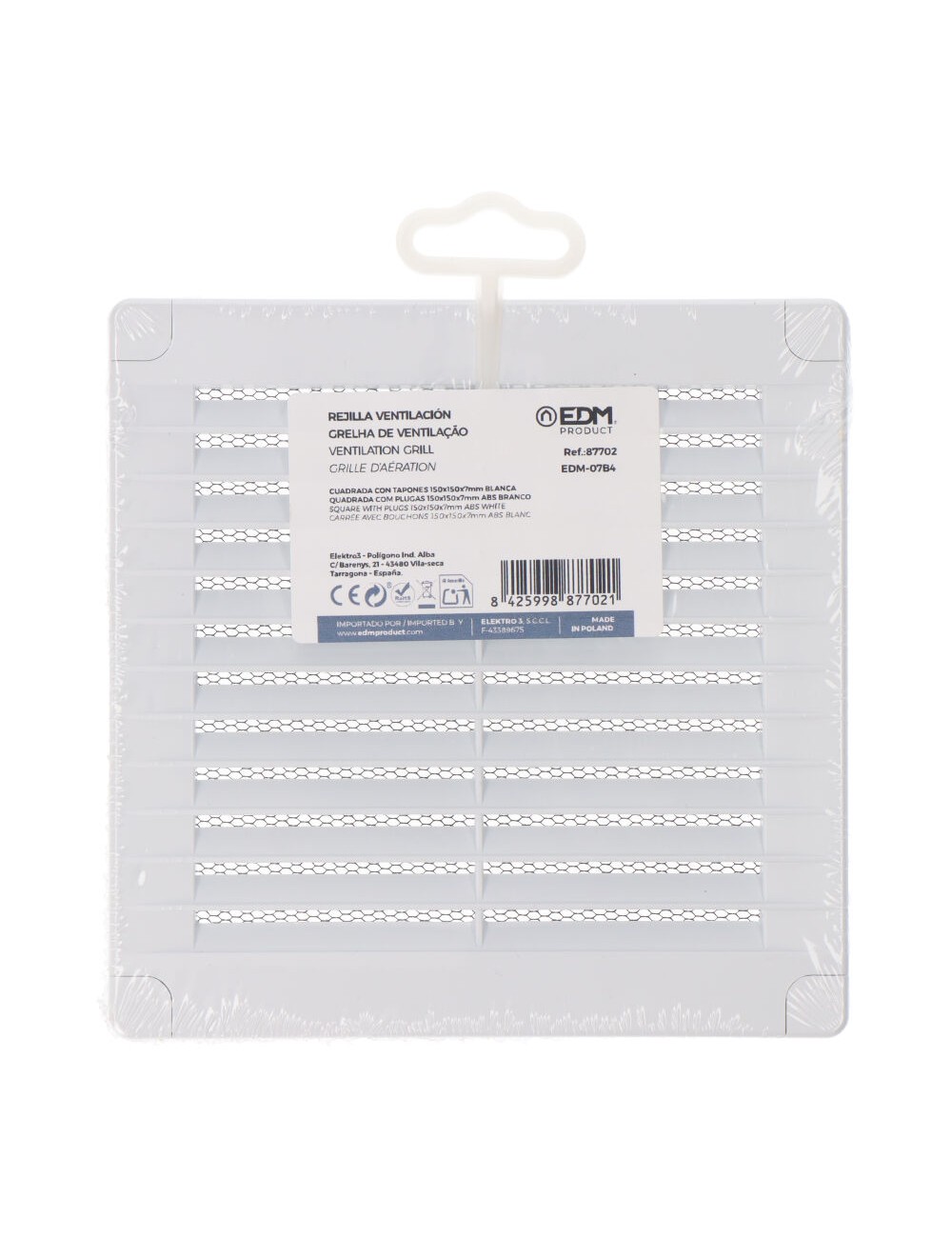 Rejilla ventilación cuadrada con tapones y mosquitera 150x150x7mm abs blanca