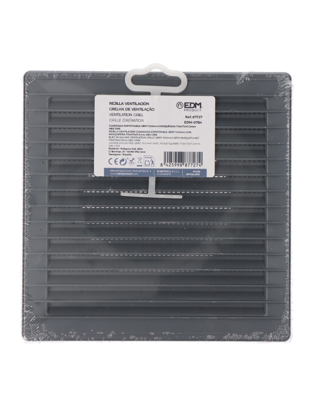 Rejilla ventilación cuadrada empotrable ø 100mm con mosquitera 170x170x11,5mm abs gris