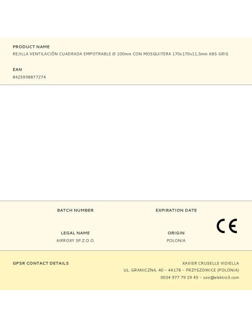 Rejilla ventilación cuadrada empotrable ø 100mm con mosquitera 170x170x11,5mm abs gris