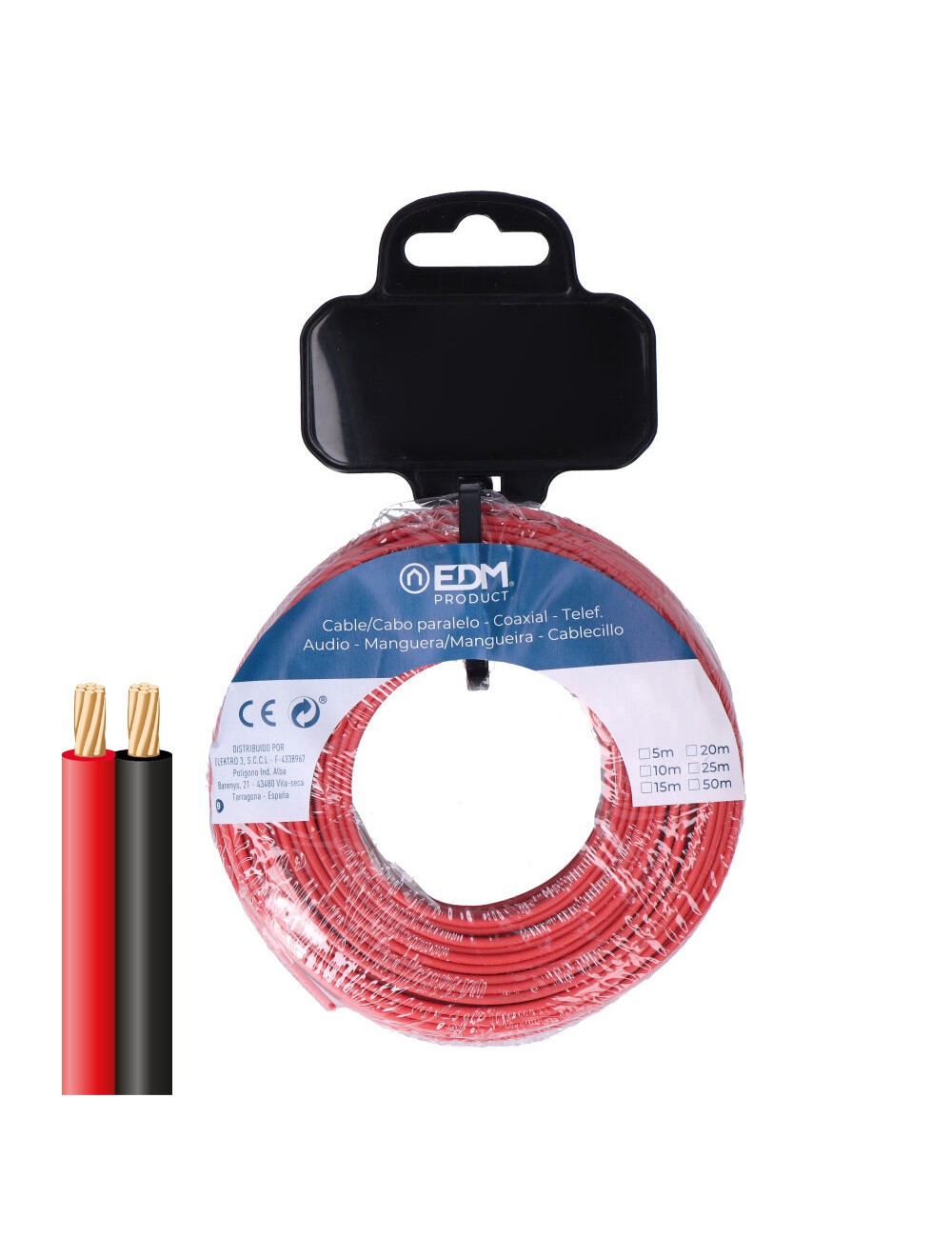 Carrete cable paralelo 2x1mm rojo/negro 50m.