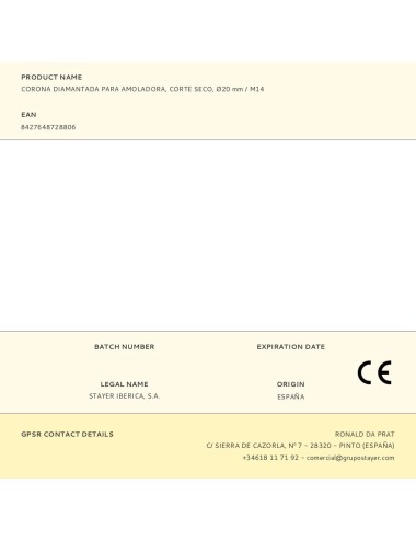 Corona diamantada para amoladora, corte seco, ø20 mm / m14