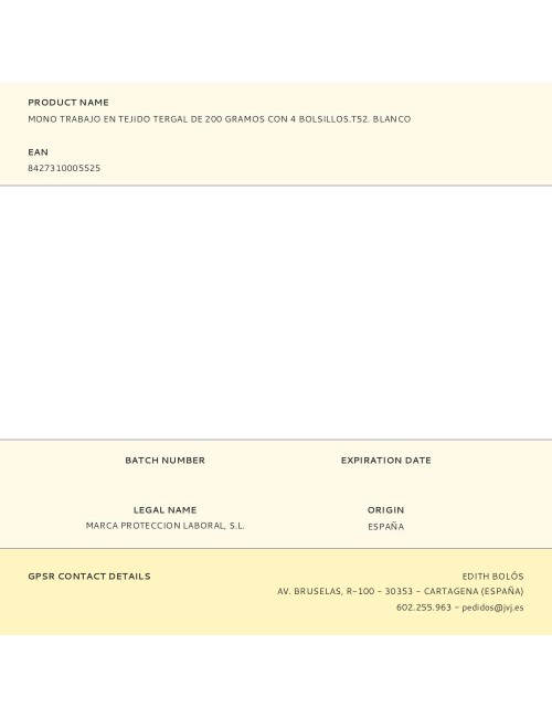 Mono trabajo en tejido tergal de 200 gramos con 4 bolsillos.t52. blanco