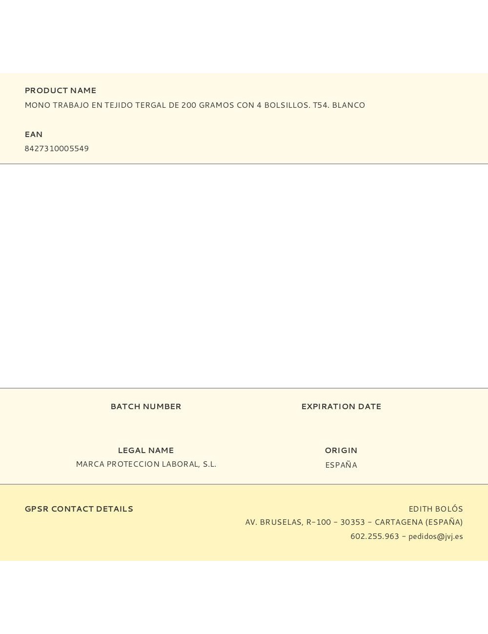 Mono trabajo en tejido tergal de 200 gramos con 4 bolsillos. t54. blanco