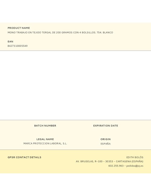 Mono trabajo en tejido tergal de 200 gramos con 4 bolsillos. t54. blanco