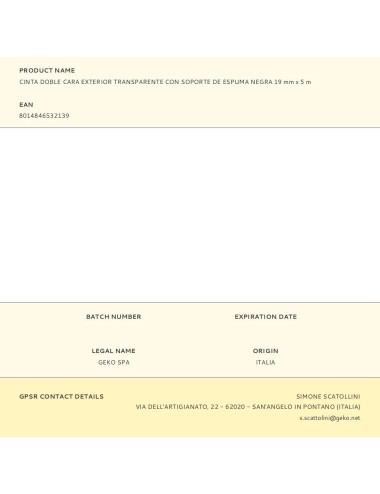 Cinta doble cara exterior transparente con soporte de espuma negra 19 mm x 5 m
