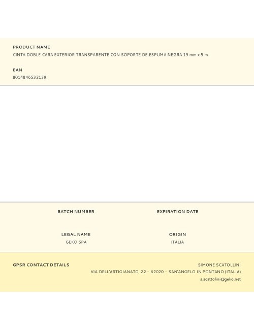 Cinta doble cara exterior transparente con soporte de espuma negra 19 mm x 5 m