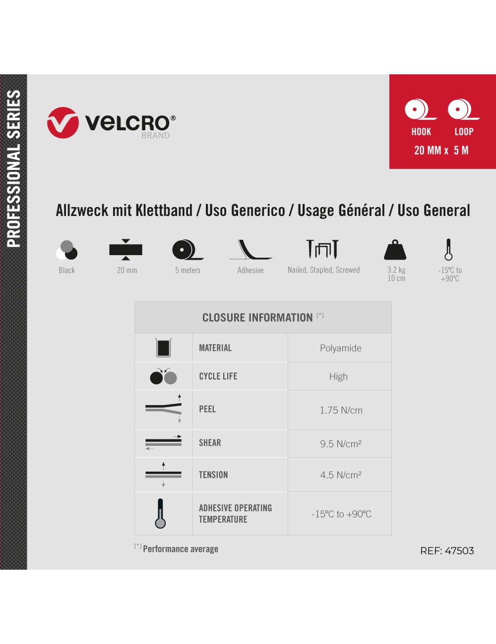Cinta de gancho y bucle adhesiva negra 20 mm x 5 m