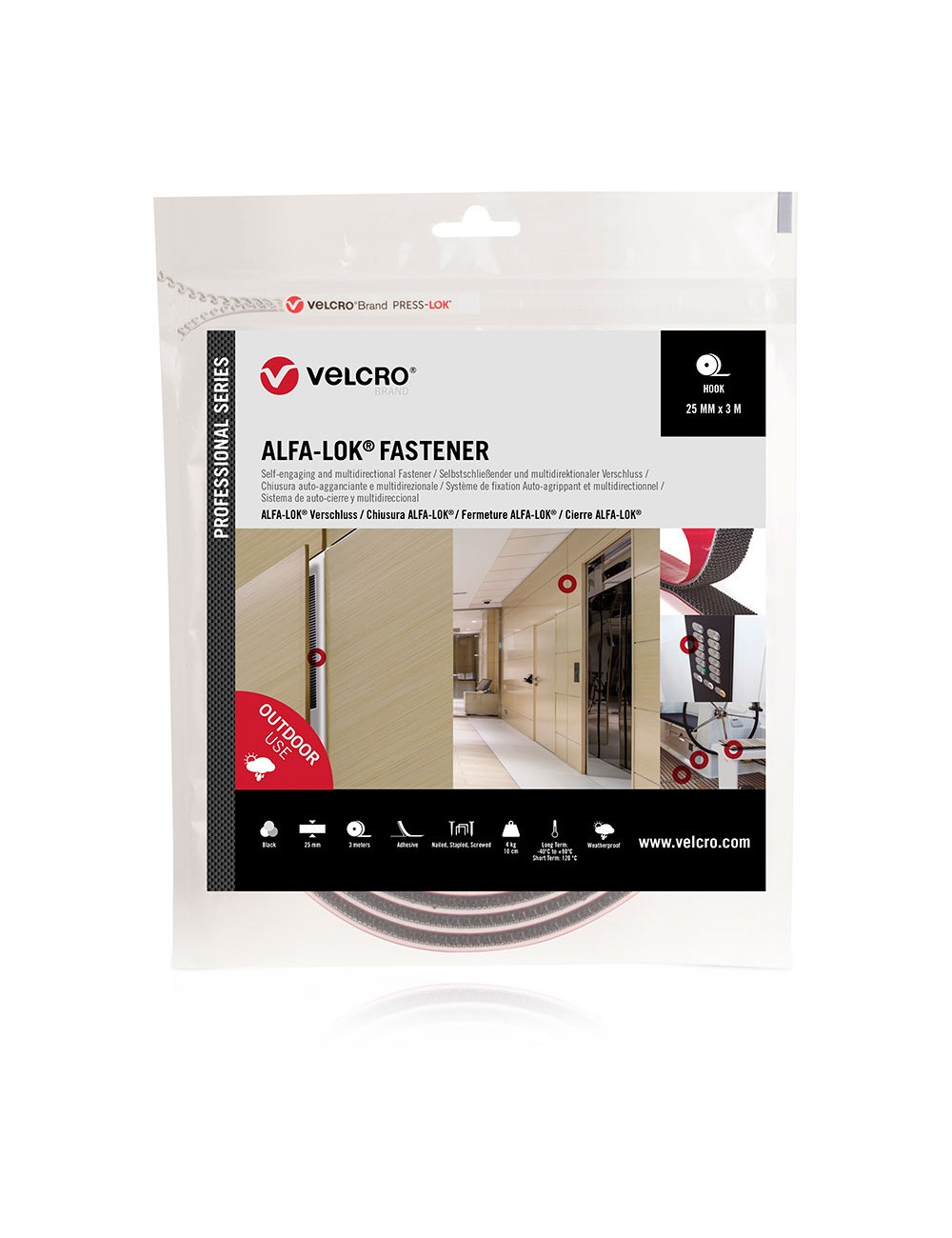 Cinta alfa-lok lineal de gancho negra 25 mm x 3 m