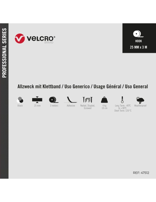 Cinta alfa-lok lineal de gancho negra 25 mm x 3 m