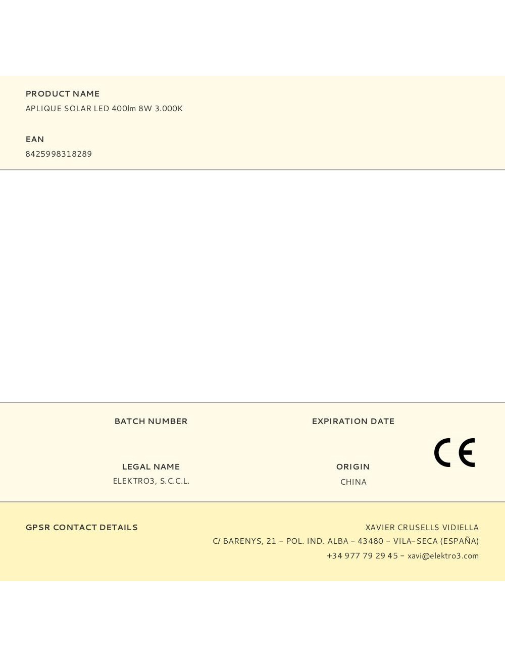 Aplique solar led 400lm 8w 3.000k