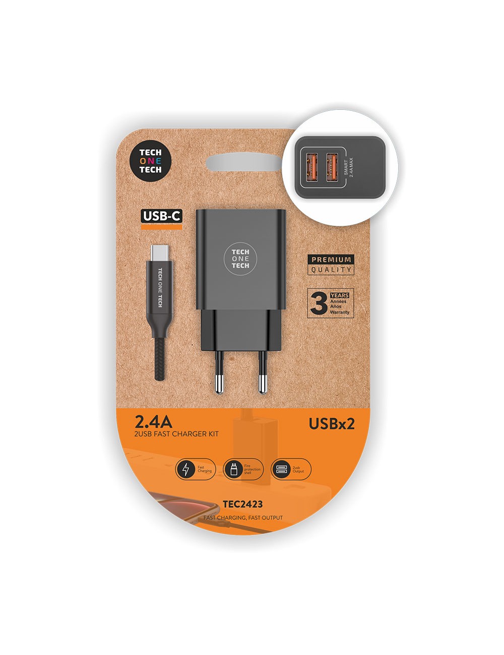 Cargador doble 2,4 a + cable nylon usb-c negro