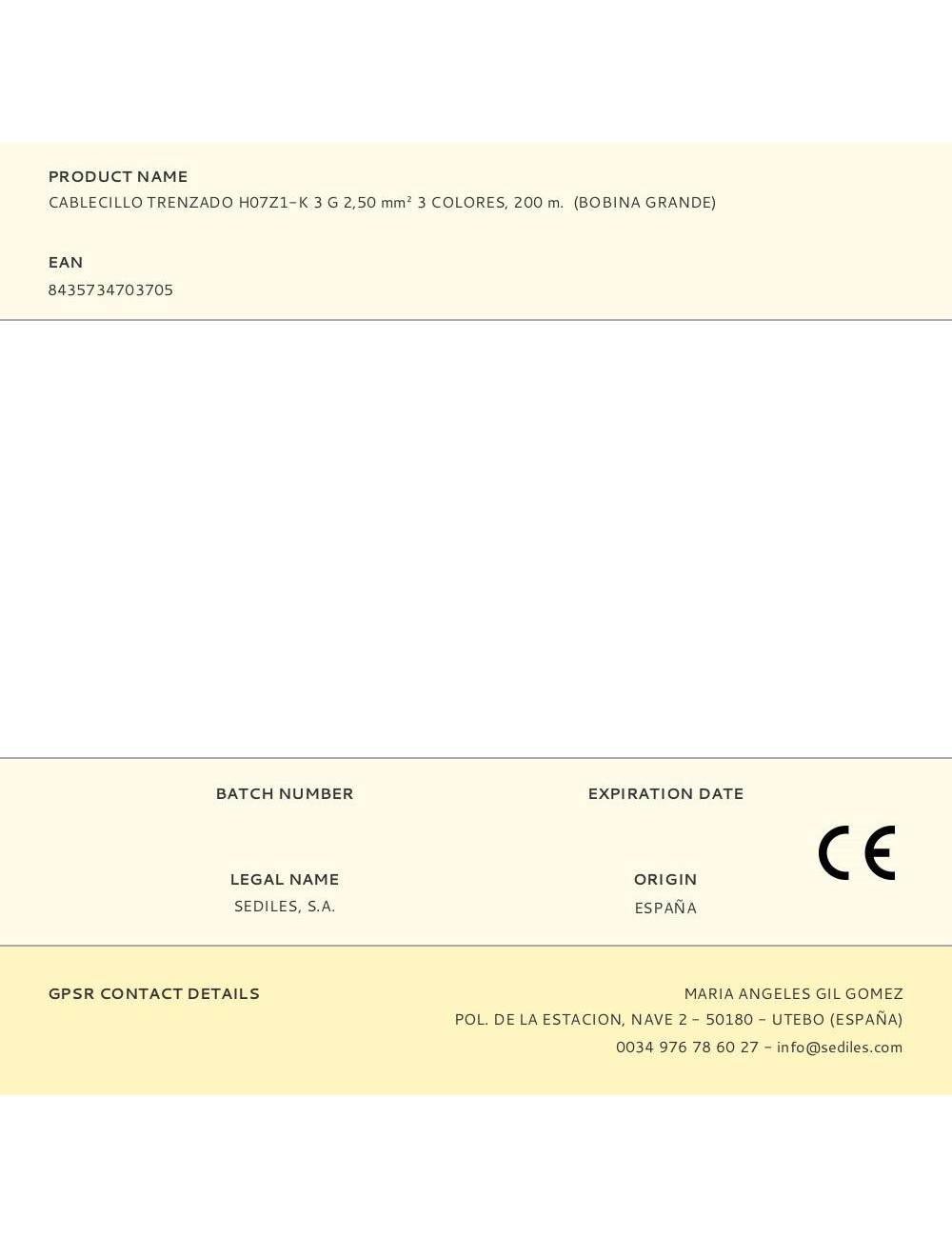 Cablecillo trenzado h07z1-k 3 g 2,50 mm 3 colores, 200 m. (bobina grande)