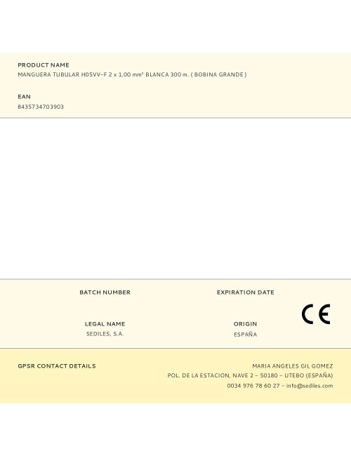 Manguera tubular h05vv-f 2 x 1,00 mm blanca 300 m. ( bobina grande )