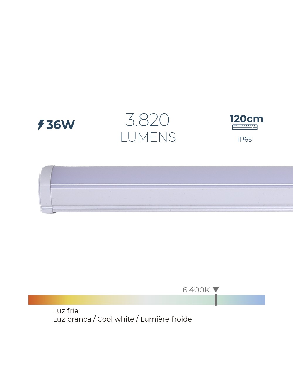 Regleta led 36 w 6.400 k luz fria 3.820 lm 120 x 4,6 x 5,1 cm
