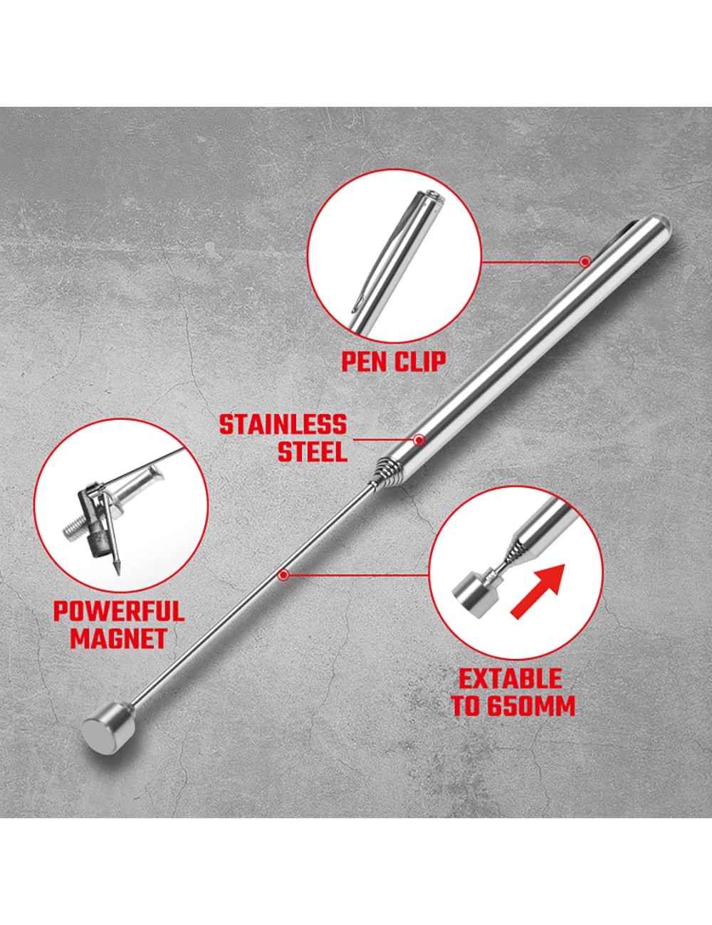 Puntero magnético, extensible, 650 mm