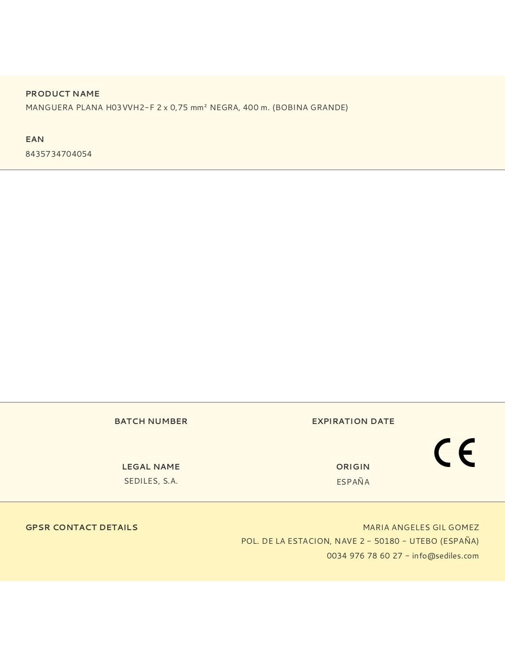 Manguera plana h03vvh2-f 2 x 0,75 mm negra, 400 m. (bobina grande)