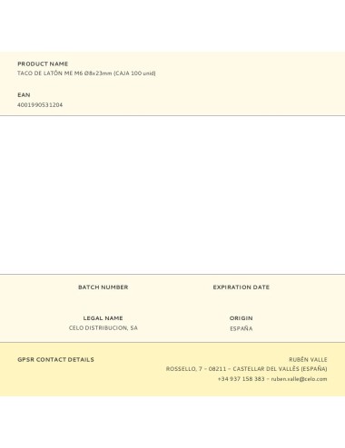 Taco de latón me m6 ø8 x 23 mm, caja 100 uds