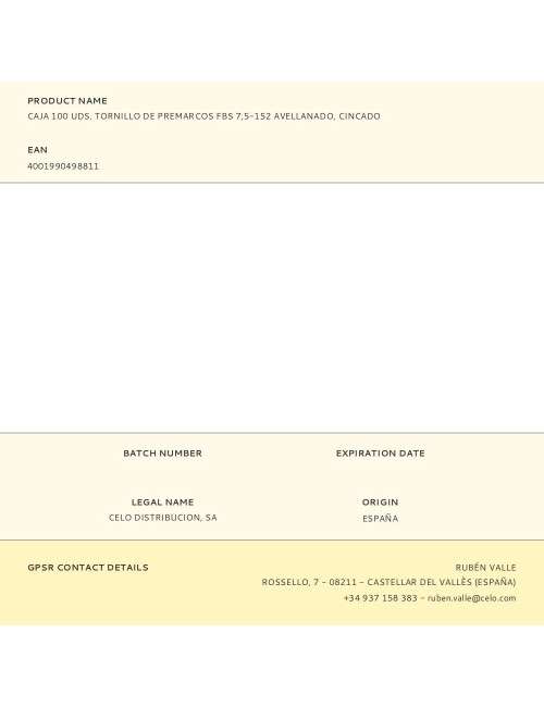 Caja 100 uds. tornillo de premarcos fbs 7,5-152 avellanado, cincado