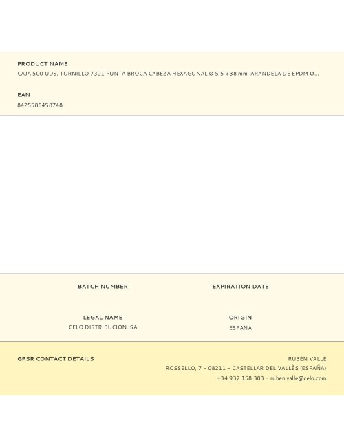 Caja 500 uds. tornillo 7301 punta broca cabeza hexagonal ø 5,5 x 38 mm. arandela de epdm ø16 cincado