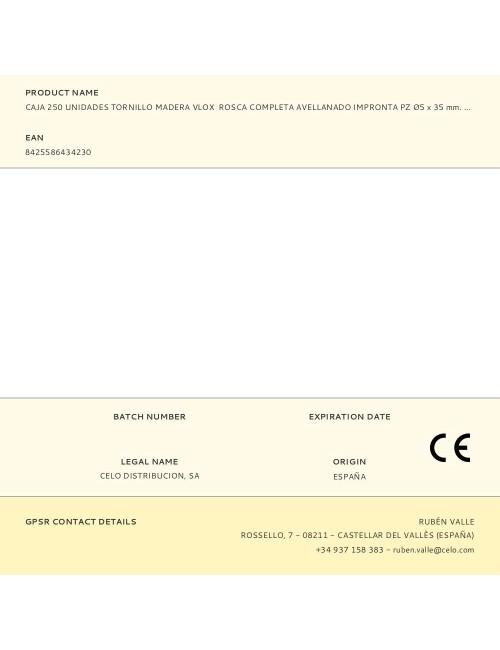 Caja 250 unidades tornillo madera vlox rosca completa avellanado impronta pz ø5 x 35 mm. bicromatado